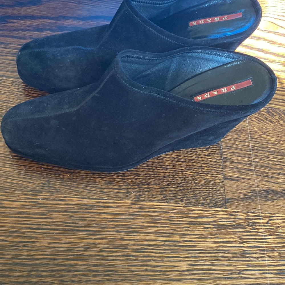 Black suede Prada slip on wedges authentic size 37.5 fits a U.S. 7 GUC